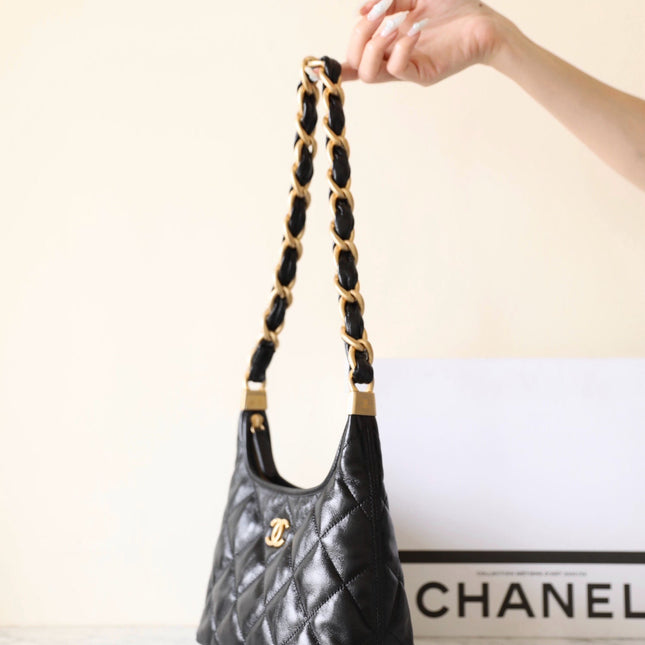 CHANEL 25S HOBO BAG 22 CM IN BLACK LAMBSKIN WITH GOLD HARDWARE