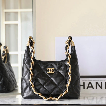 CHANEL 25S HOBO BAG 22 CM IN BLACK LAMBSKIN WITH GOLD HARDWARE