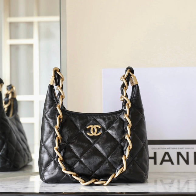 CHANEL 25S HOBO BAG 22 CM IN BLACK LAMBSKIN WITH GOLD HARDWARE