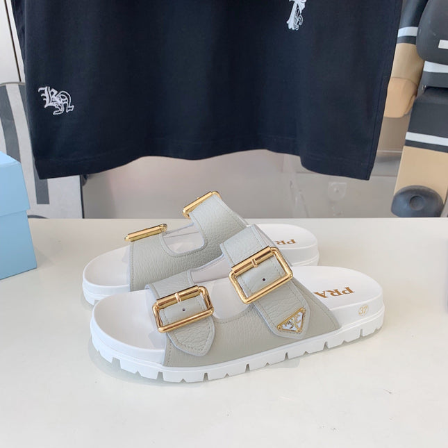 PRA STRAP SLIDES SANDALS WHITE AND LIGHT GRAY SUEDE