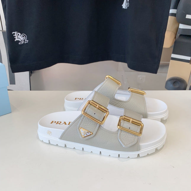 PRA STRAP SLIDES SANDALS WHITE AND LIGHT GRAY SUEDE