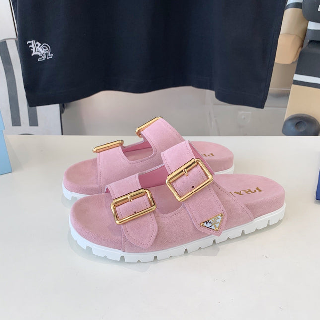 PRA STRAP SLIDES SANDALS PASTEL PINK SUEDE