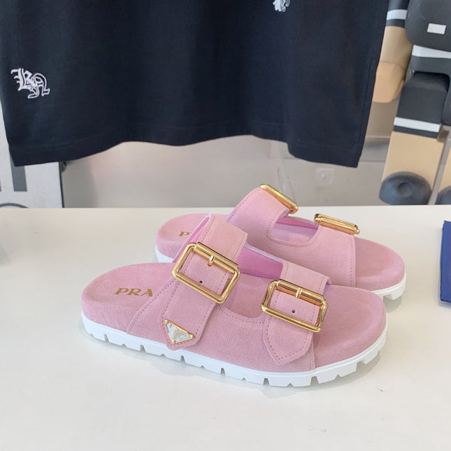 PRA STRAP SLIDES SANDALS PASTEL PINK SUEDE