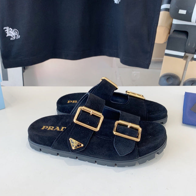 PRA STRAP SLIDES SANDALS BLACK SUEDE