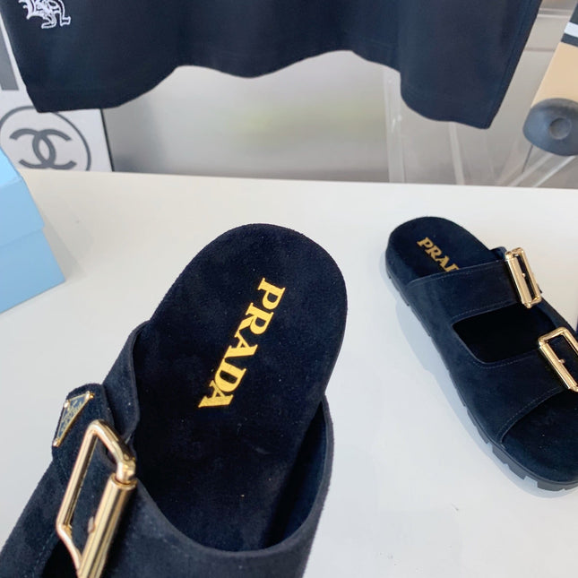 PRA STRAP SLIDES SANDALS BLACK SUEDE