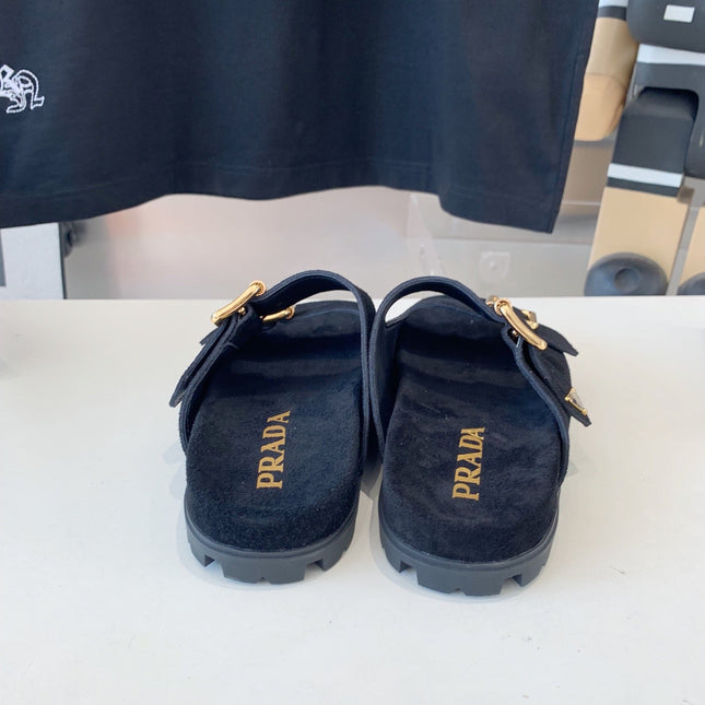 PRA STRAP SLIDES SANDALS BLACK SUEDE