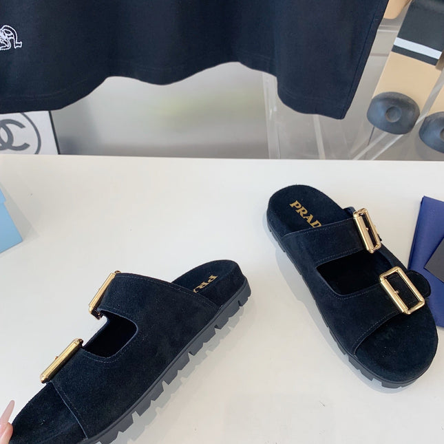 PRA STRAP SLIDES SANDALS BLACK SUEDE