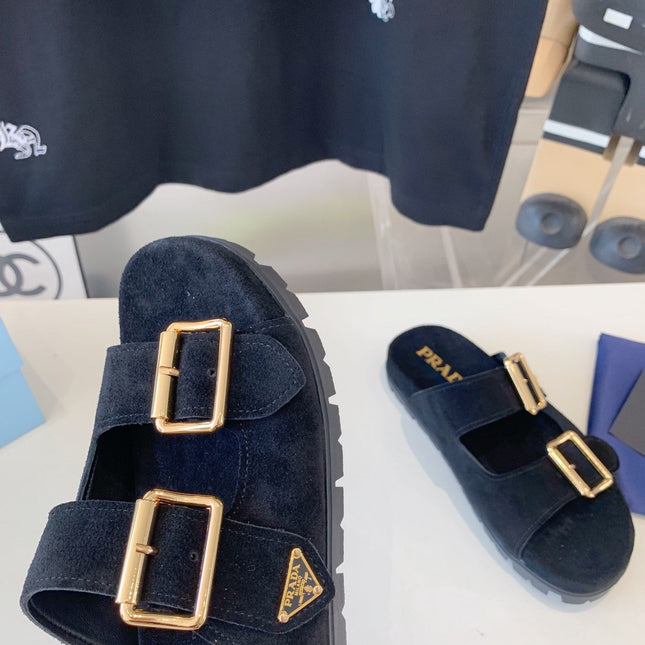 PRA STRAP SLIDES SANDALS BLACK SUEDE