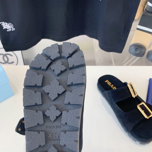 PRA STRAP SLIDES SANDALS BLACK SUEDE