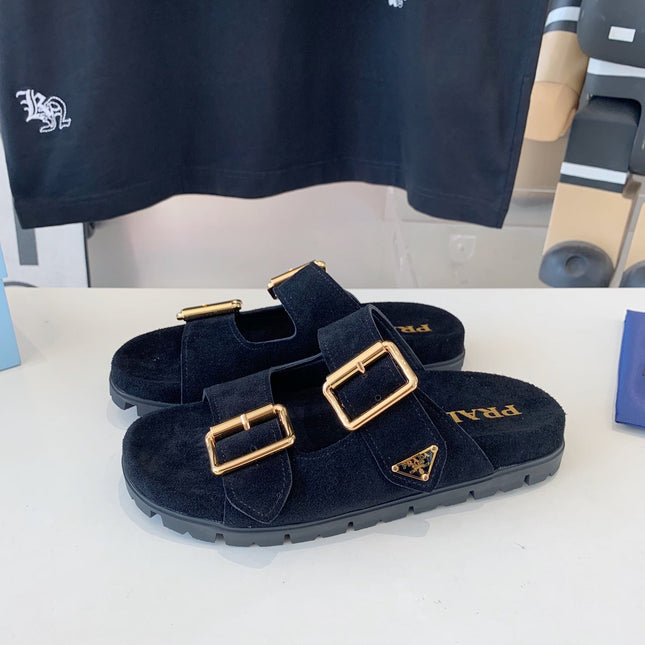PRA STRAP SLIDES SANDALS BLACK SUEDE
