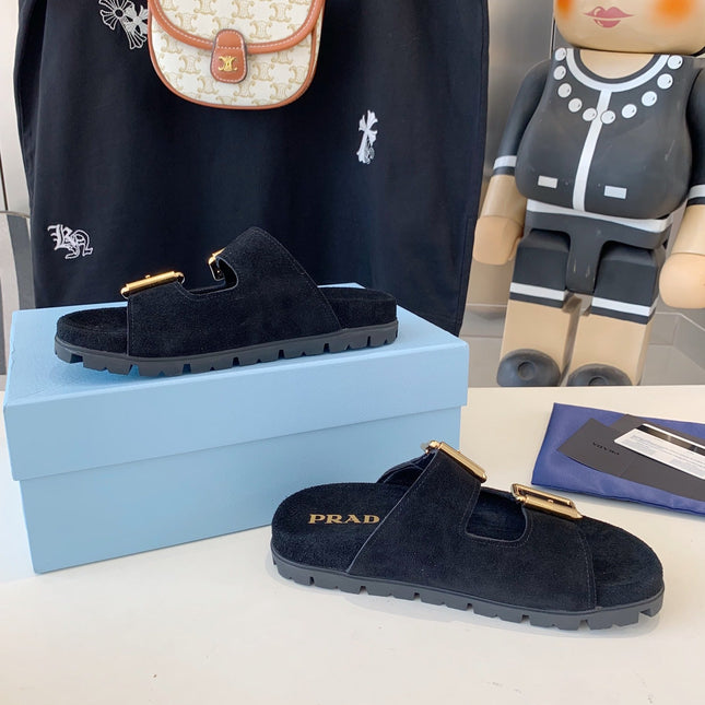 PRA STRAP SLIDES SANDALS BLACK SUEDE