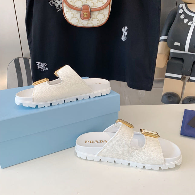 PRA STRAP SLIDES SANDALS WHITE LAMBSKIN