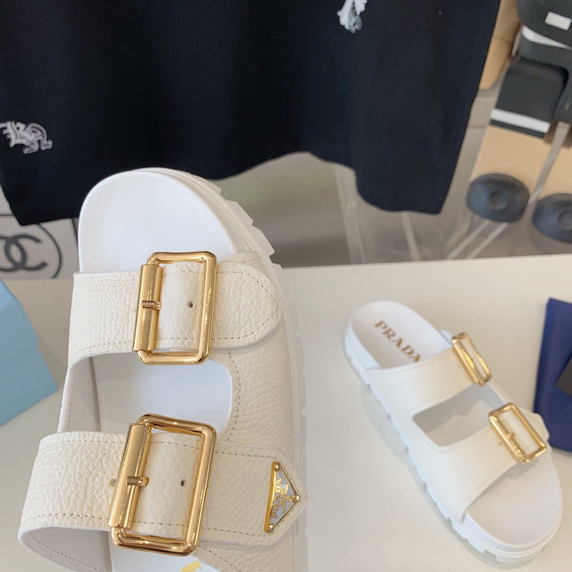 PRA STRAP SLIDES SANDALS WHITE LAMBSKIN