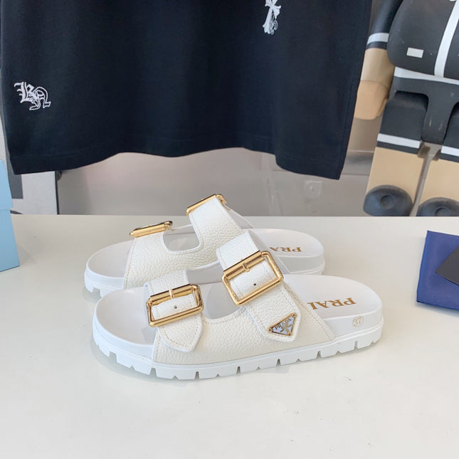 PRA STRAP SLIDES SANDALS WHITE LAMBSKIN