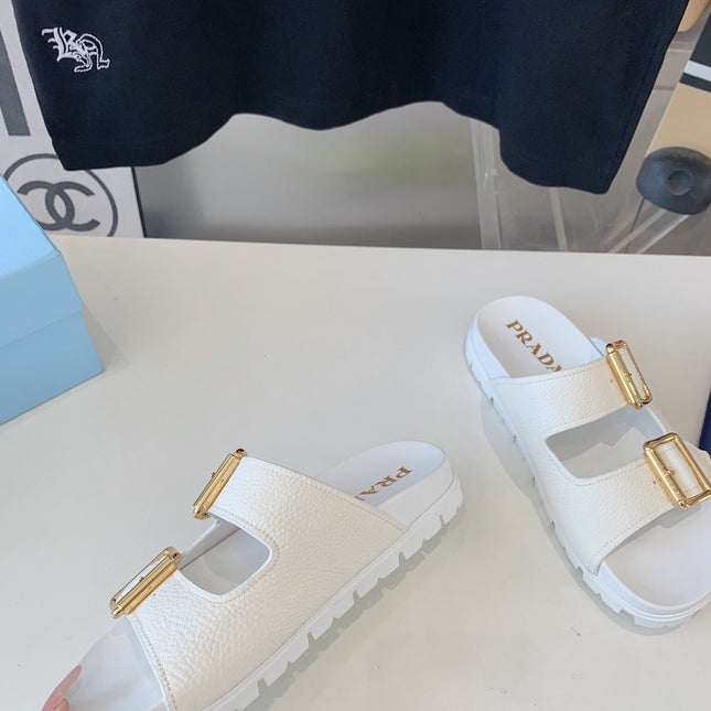 PRA STRAP SLIDES SANDALS WHITE LAMBSKIN