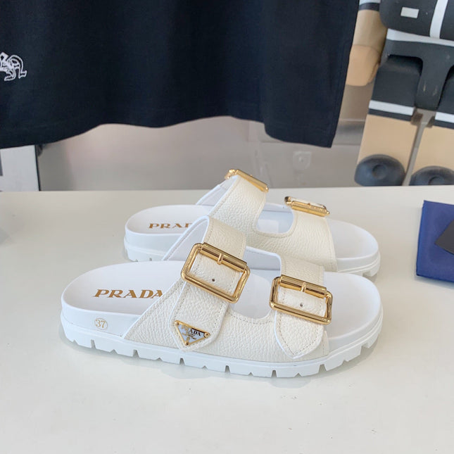 PRA STRAP SLIDES SANDALS WHITE LAMBSKIN