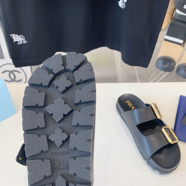 PRA STRAP SLIDES SANDALS BLACK LAMBSKIN