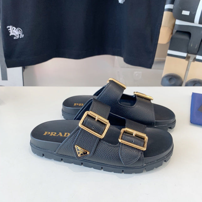 PRA STRAP SLIDES SANDALS BLACK LAMBSKIN