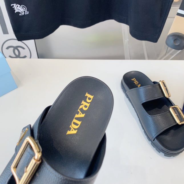 PRA STRAP SLIDES SANDALS BLACK LAMBSKIN