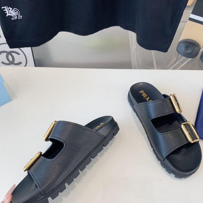 PRA STRAP SLIDES SANDALS BLACK LAMBSKIN