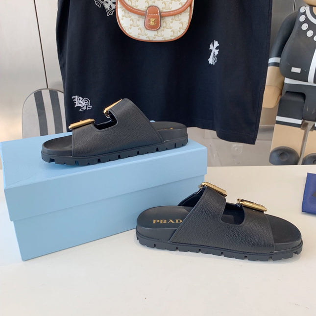 PRA STRAP SLIDES SANDALS BLACK LAMBSKIN