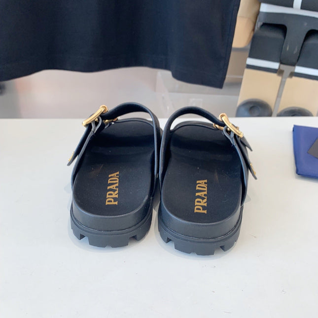 PRA STRAP SLIDES SANDALS BLACK LAMBSKIN