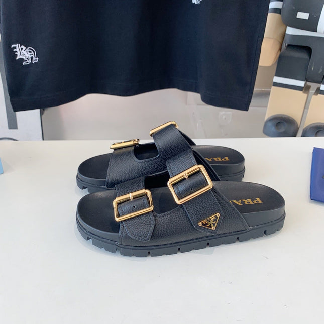 PRA STRAP SLIDES SANDALS BLACK LAMBSKIN
