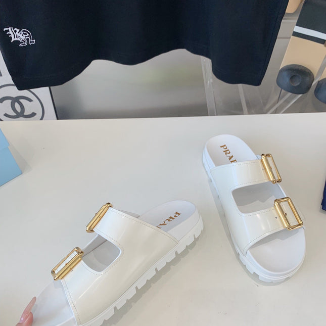 PRA STRAP SLIDES SANDALS GLOSSY WHITE CALFSKIN