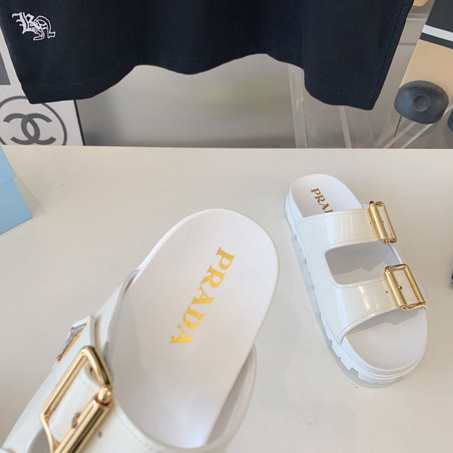 PRA STRAP SLIDES SANDALS GLOSSY WHITE CALFSKIN