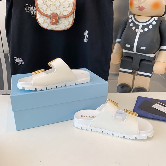 PRA STRAP SLIDES SANDALS GLOSSY WHITE CALFSKIN