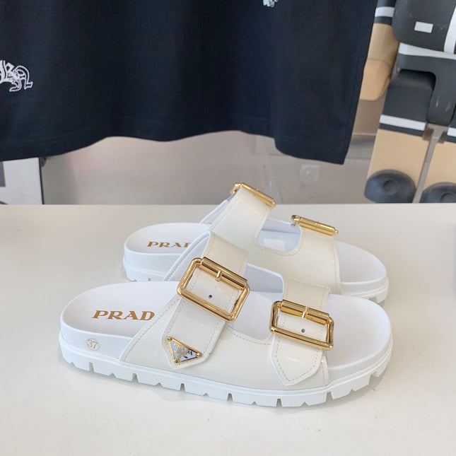 PRA STRAP SLIDES SANDALS GLOSSY WHITE CALFSKIN