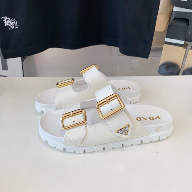 PRA STRAP SLIDES SANDALS GLOSSY WHITE CALFSKIN