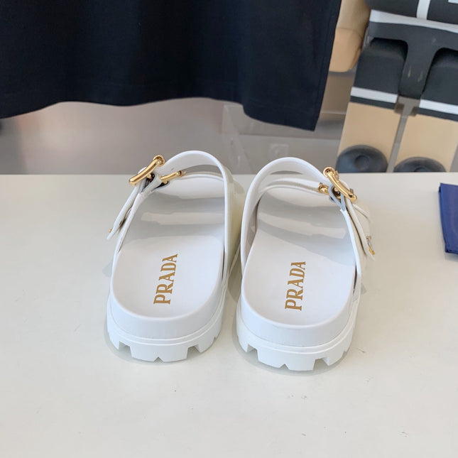 PRA STRAP SLIDES SANDALS GLOSSY WHITE CALFSKIN