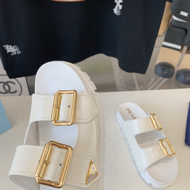 PRA STRAP SLIDES SANDALS GLOSSY WHITE CALFSKIN