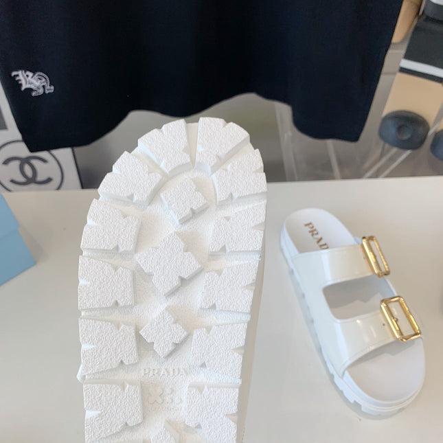 PRA STRAP SLIDES SANDALS GLOSSY WHITE CALFSKIN