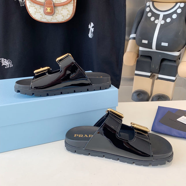 PRA STRAP SLIDES SANDALS GLOSSY BLACK CALFSKIN