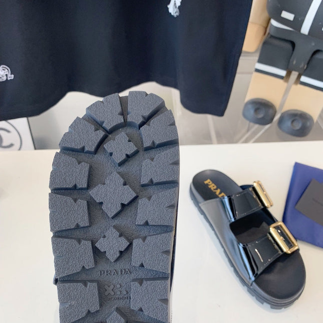 PRA STRAP SLIDES SANDALS GLOSSY BLACK CALFSKIN