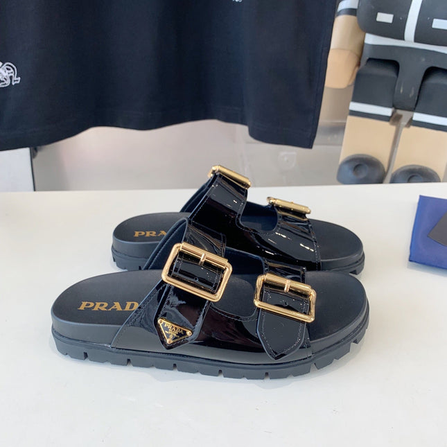 PRA STRAP SLIDES SANDALS GLOSSY BLACK CALFSKIN