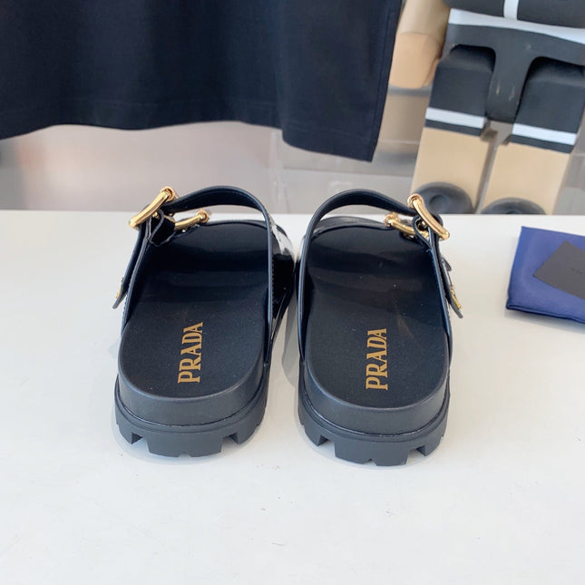 PRA STRAP SLIDES SANDALS GLOSSY BLACK CALFSKIN