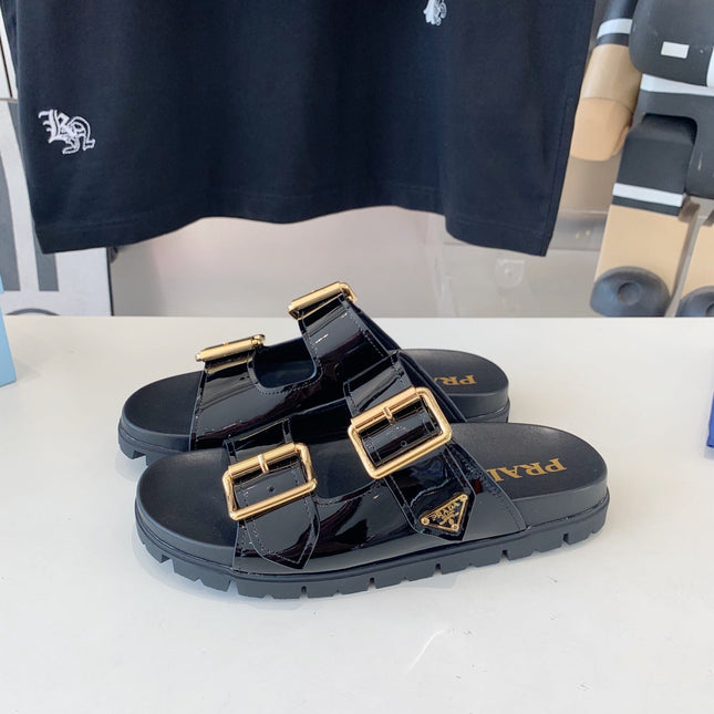 PRA STRAP SLIDES SANDALS GLOSSY BLACK CALFSKIN