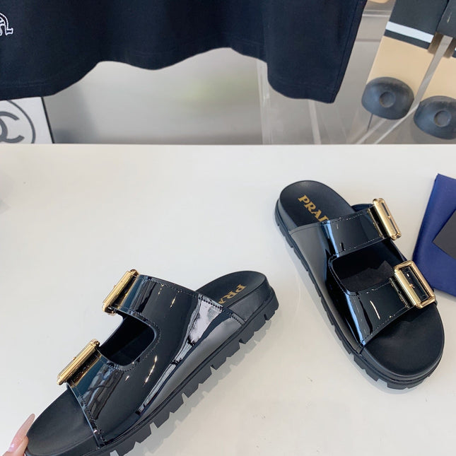 PRA STRAP SLIDES SANDALS GLOSSY BLACK CALFSKIN