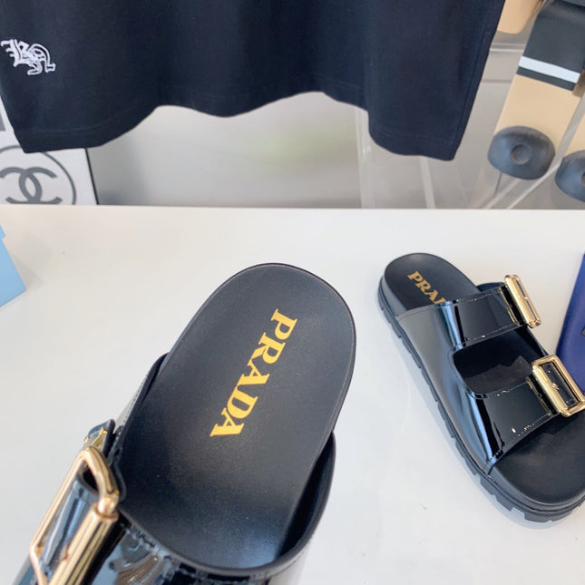 PRA STRAP SLIDES SANDALS GLOSSY BLACK CALFSKIN