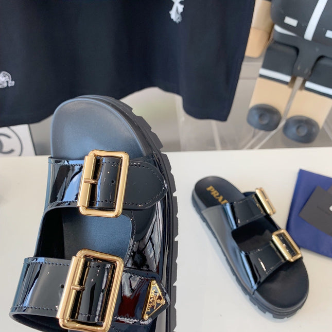 PRA STRAP SLIDES SANDALS GLOSSY BLACK CALFSKIN