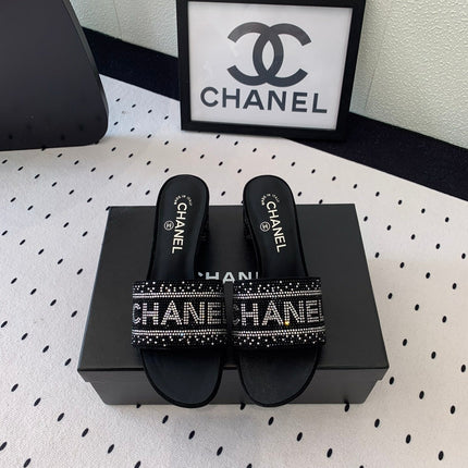 CC RHINESTONE LETTER HIGH HEELS BLACK AND WHITE LAMBSKIN