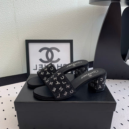 RHINESTONE LETTER HIGH HEELS BLACK LAMBSKIN