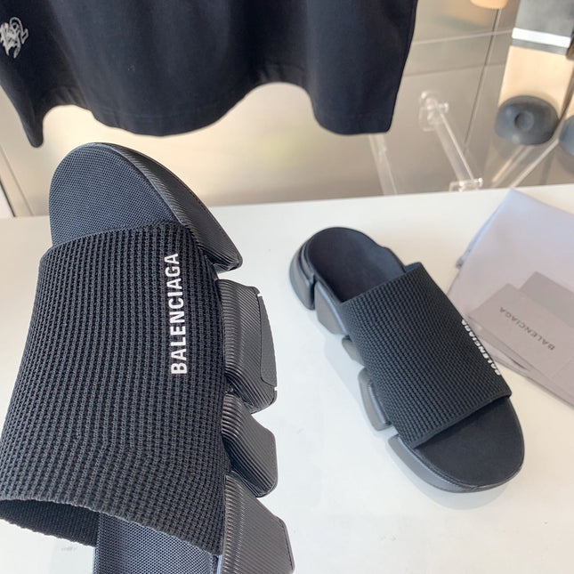 SPEED 2.0 SLIDE SANDAL IN BLACK RECYCLED KNIT AND BLACK SOLE