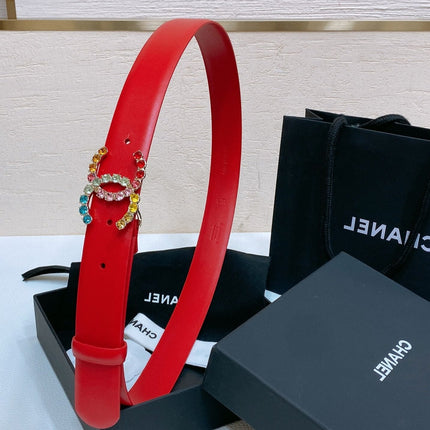 CC BELT 30 MM IN CHERRY RED CALFSKIN WITH COLORFUL RHINSTONES METAL LOGO