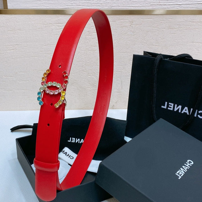 CC BELT 30 MM IN CHERRY RED CALFSKIN WITH COLORFUL RHINSTONES METAL LOGO