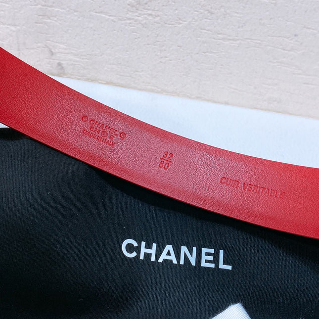 CC BELT 30 MM IN CHERRY RED CALFSKIN WITH COLORFUL RHINSTONES METAL LOGO
