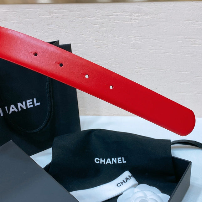 CC BELT 30 MM IN CHERRY RED CALFSKIN WITH COLORFUL RHINSTONES METAL LOGO